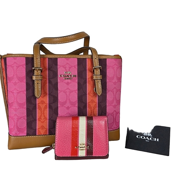 Coach Mollie Tote 25 Bag Wallet Set Pink Multicolor Stripe Summer Purse - Picture 1 of 17